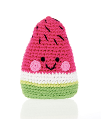 Image of  hand crocheted watermelon toy.